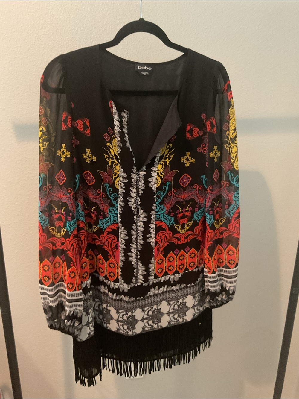 bebe Black Multicolor Printed Mini Dress with Fringe Hem